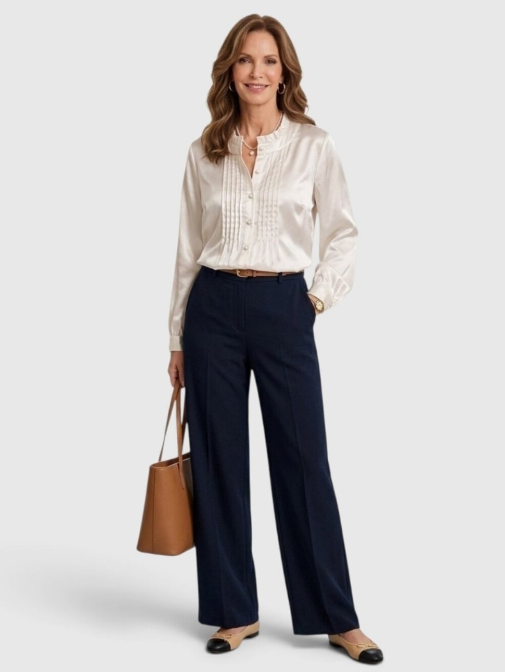 Vtg Jaclyn Smith Cream Satin Blouse Pintuck Pleat Ruffle Shimmer Size L